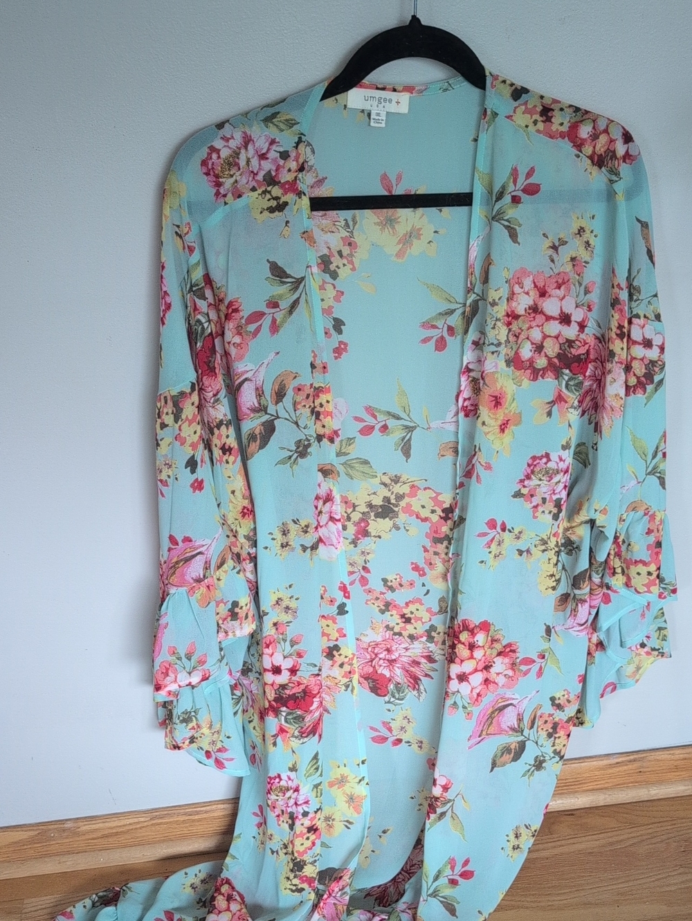 Umgee Floral Kimono in Aqua with Pink and Yellow Blooms